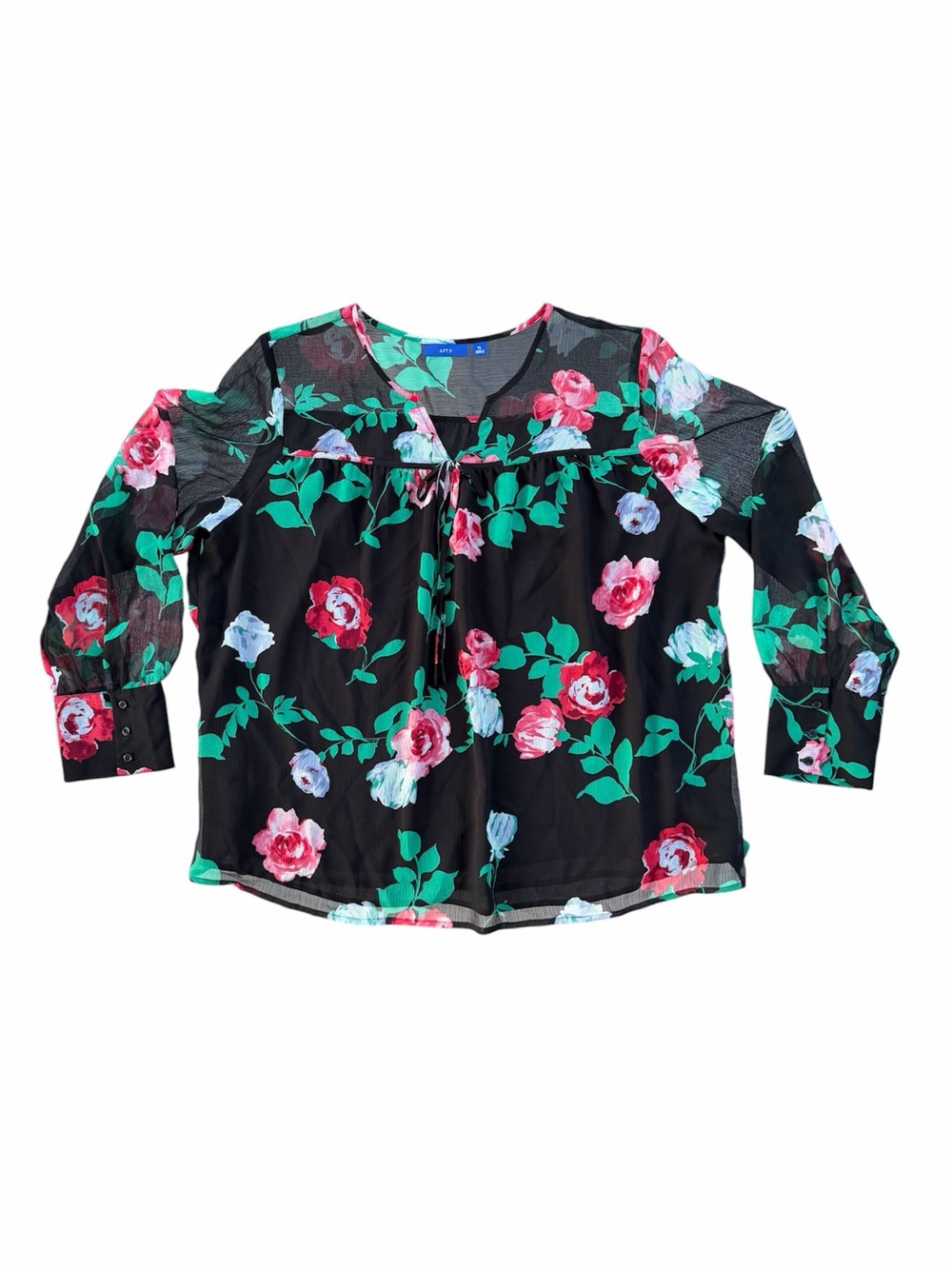 Apt 9. Semi-Sheer Black Crepe Floral Rose Garden Long Cuffed Sleeve Blouse ~ XL